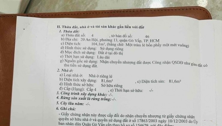 BÁN NHÀ MẶT TIỀN 20 An Hội, Phường 13, Quận Gò Vấp 8,3 tỷ - 104.1 m2